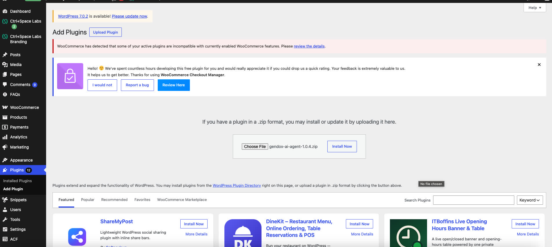 Upload the Gendox WP AI Agent plugin zip